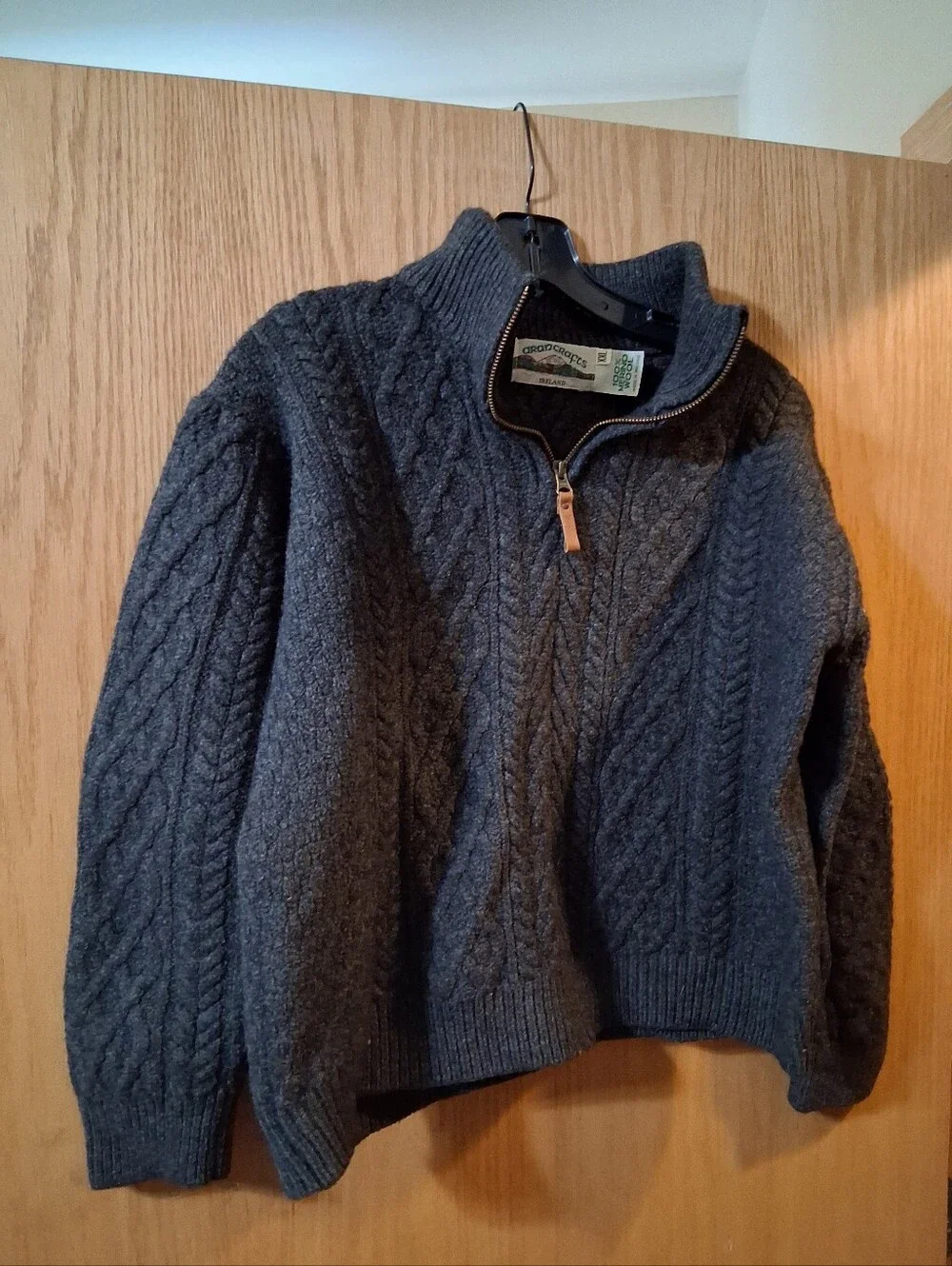 Aran crafts charcoal gray 100% merino wool quarter-zip sweater, Irish brand